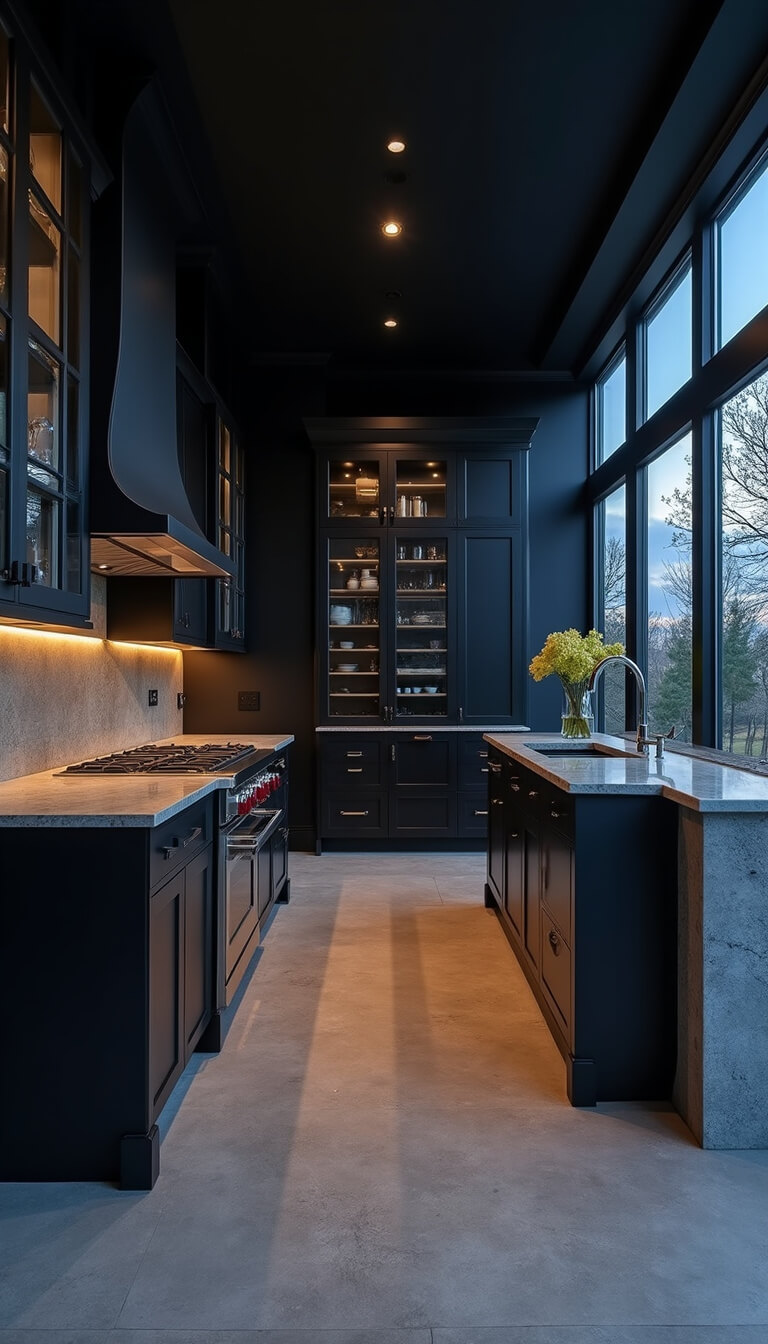 Monolithic black kitchen with 11-foot island, integrated appliances, fluted glass upper cabinets with interior lighting, and honed granite counters, photographed at blue hour with mixed lighting from a wide entrance view.