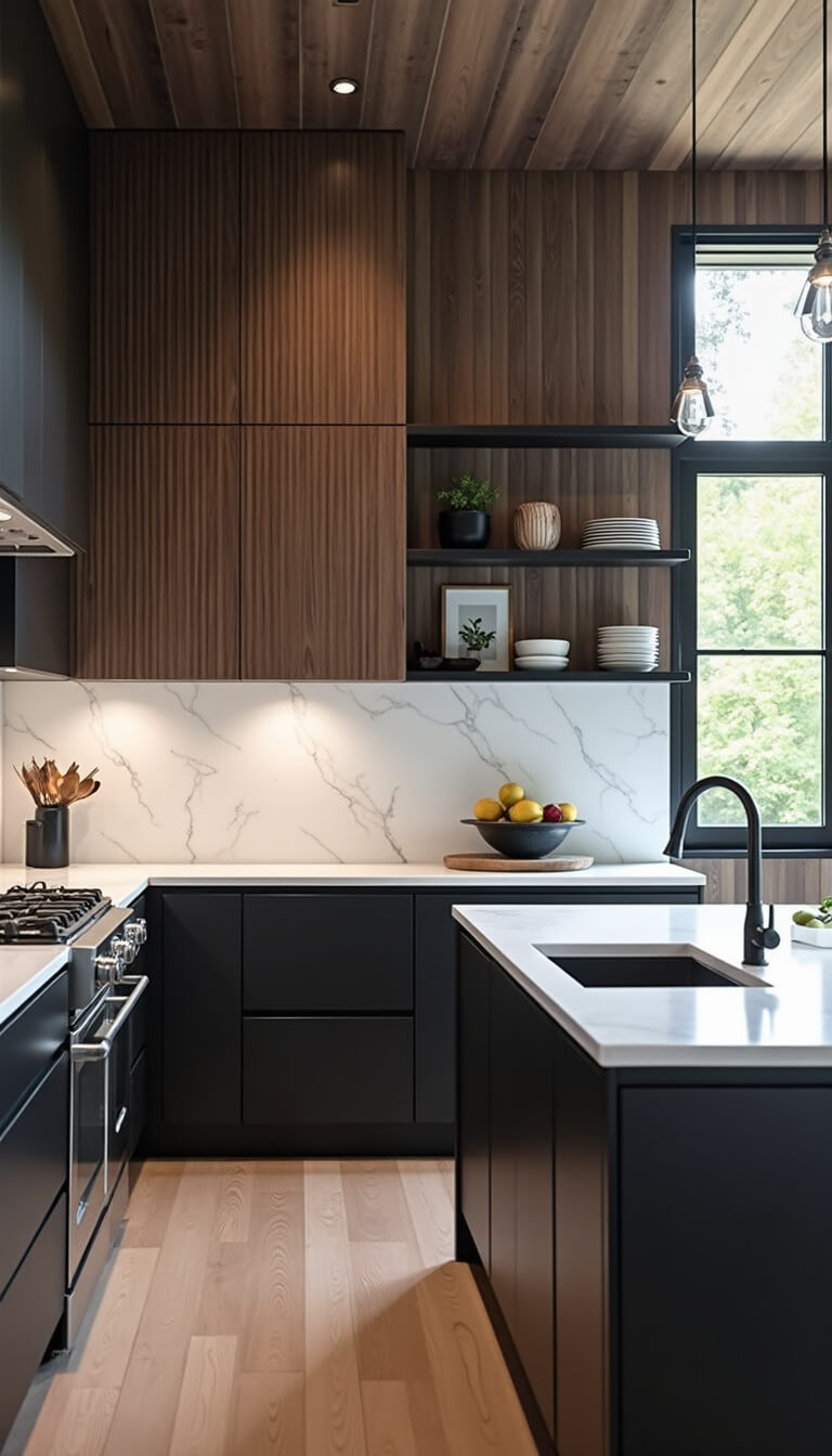 Modern black and walnut kitchen with tall 14-foot ceilings, vertical textured cabinets, black metal suspended shelves, and full-height white marble backsplash in soft late afternoon light.