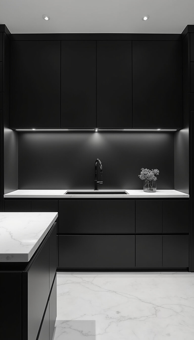 Minimalist black kitchen with hidden touch-latch cabinets, white waterfall counters, linear LED lighting, and abstract black and white photo accents, shot straight-on with even lighting.