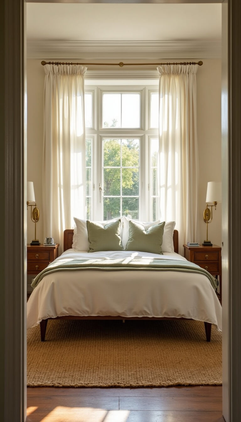 Sunlit guest room with queen bed, sage green bedding, bay window with sheer curtains, vintage nightstands, and jute rug.