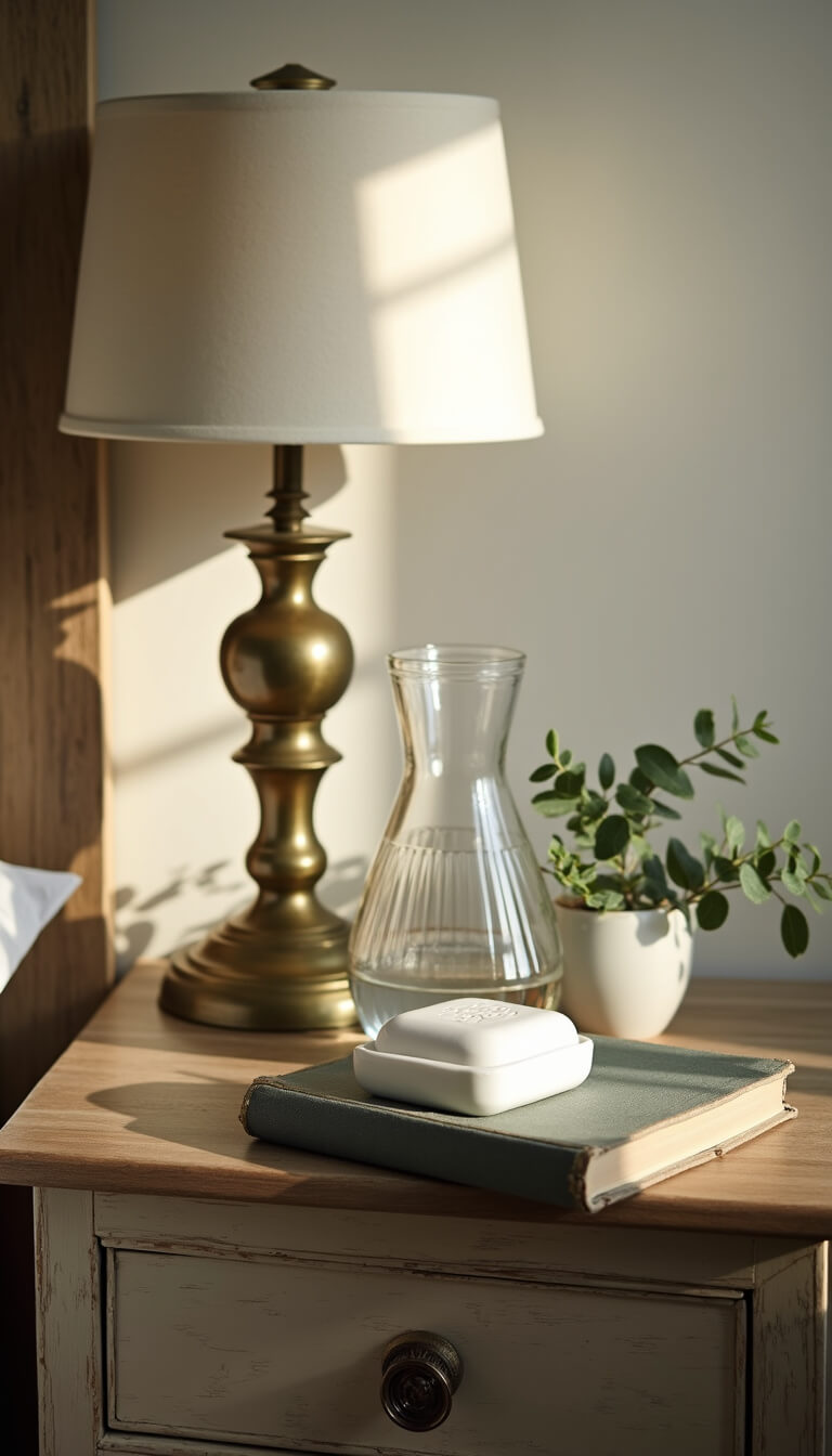 Close-up of guest room nightstand with brass lamp, crystal carafe, handmade soap on ceramic tray, vintage book, and eucalyptus sprig in soft morning light.