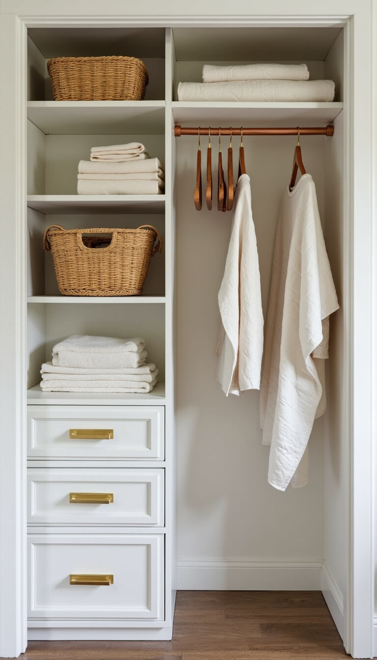 Organized 6x8ft guest closet with white built-in shelves, brass hardware, woven baskets, folded Turkish towels, and wooden hangers on a copper rod.