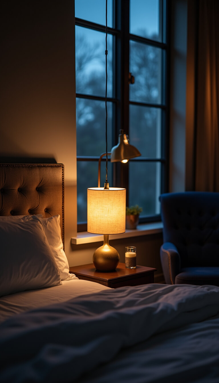 Cozy bedroom with warm layered lighting, tufted headboard, navy velvet chair, and blue hour light through windows.