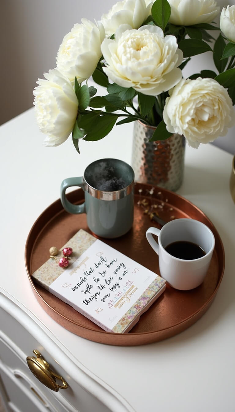 Welcome tray on antique dresser with French press, ceramic mugs, chocolates, and handwritten note on hammered copper tray; white peonies in mercury glass vase nearby.