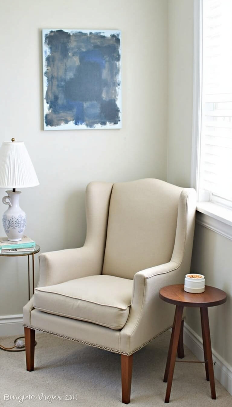 Thrifted wingback chair in natural linen beside vintage side table with ceramic lamp, DIY abstract art above, lit by window light.