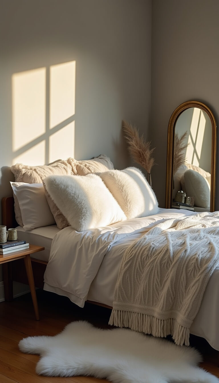 Cozy winter guest room with flannel-sheeted bed, cream knit throw, faux fur pillows, white sheepskin rug, and vintage brass mirror reflecting cool morning light.