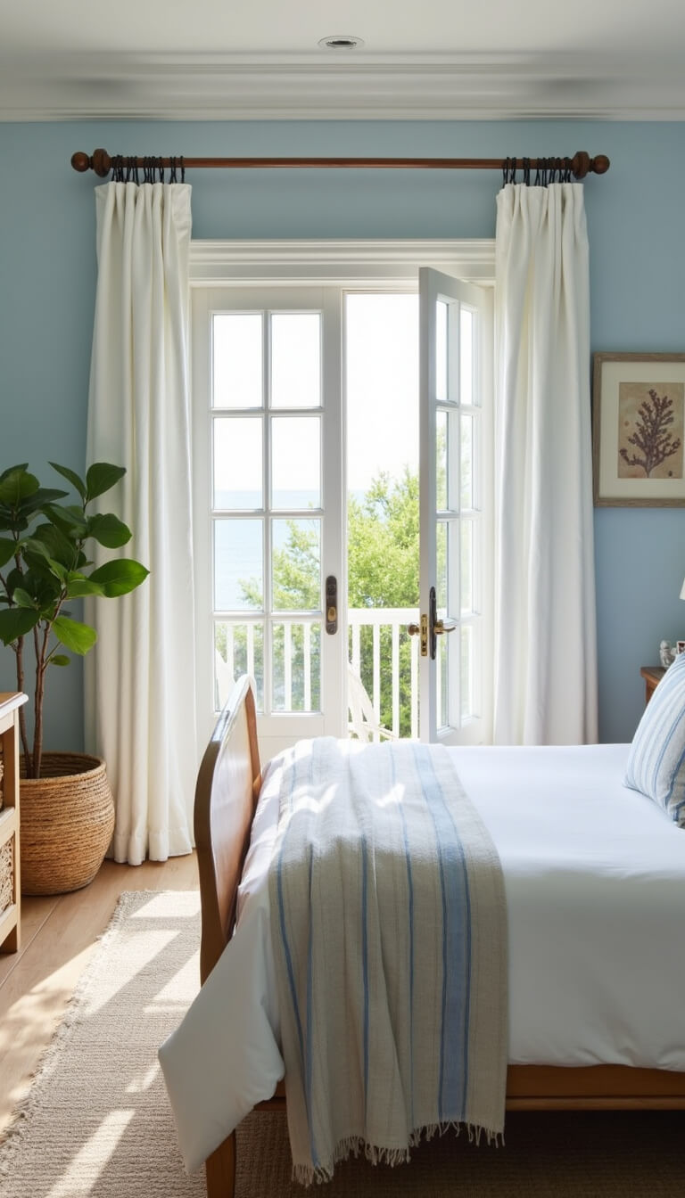 Coastal-themed summer guest suite with rattan headboard, pale blue walls, white bedding, and billowing linen curtains by open French doors to balcony.