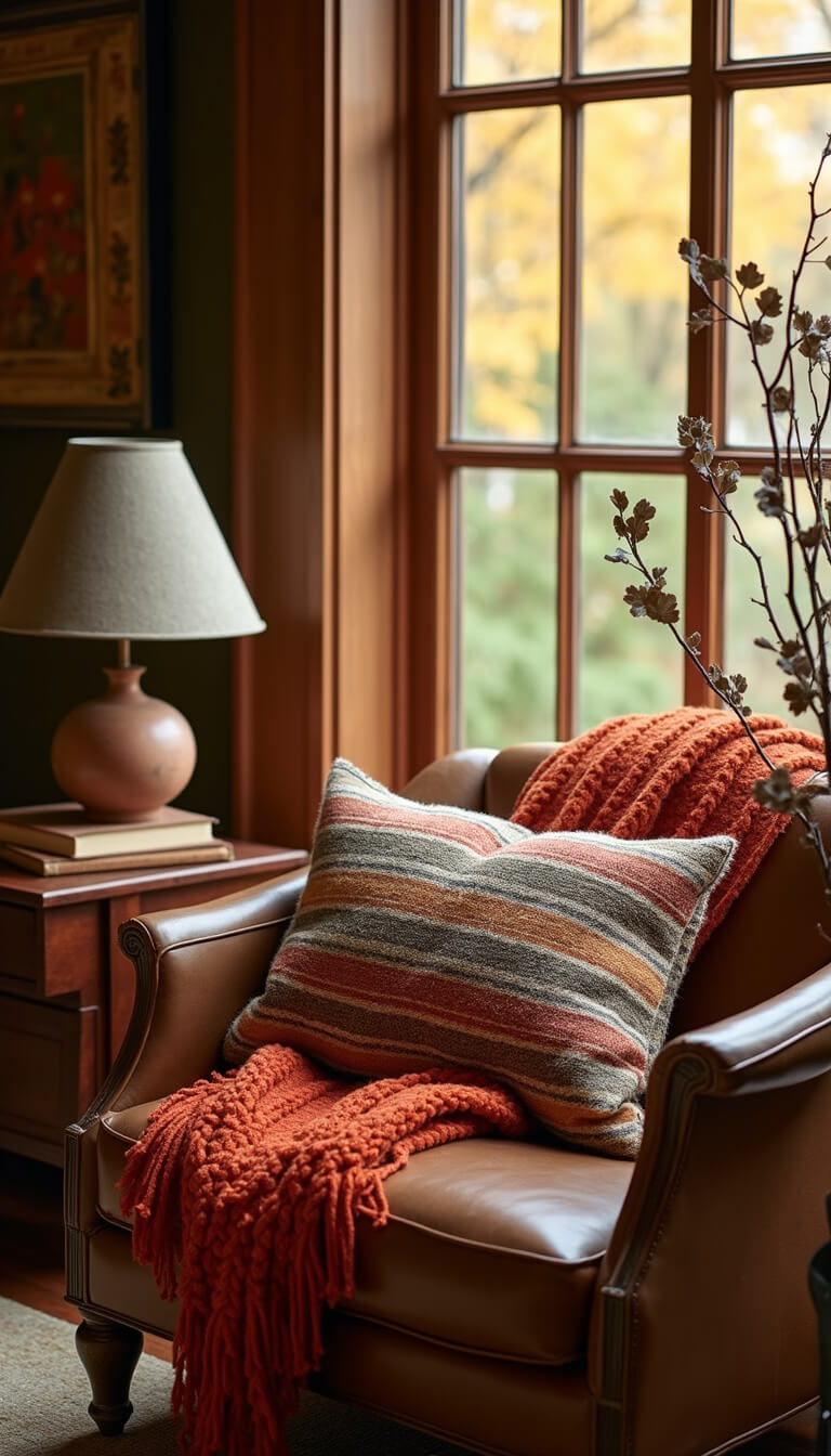 Cozy fall guest room corner with leather chair, kilim pillow, rust woven throw, oxidized copper lamp, vintage books, and dried oak branches in warm amber light.