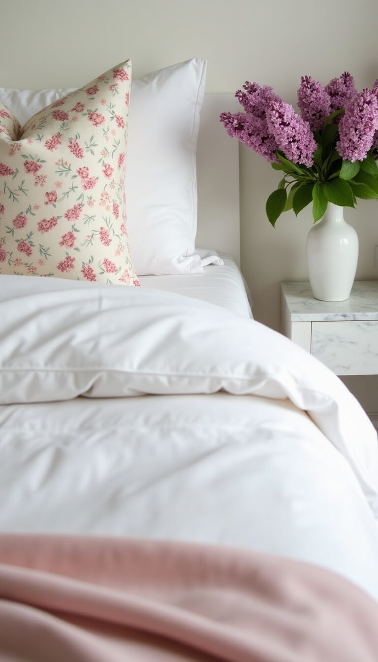 Spring bedroom with white duvet, botanical pillows, pink throw, and lilacs on marble nightstand in bright morning light.