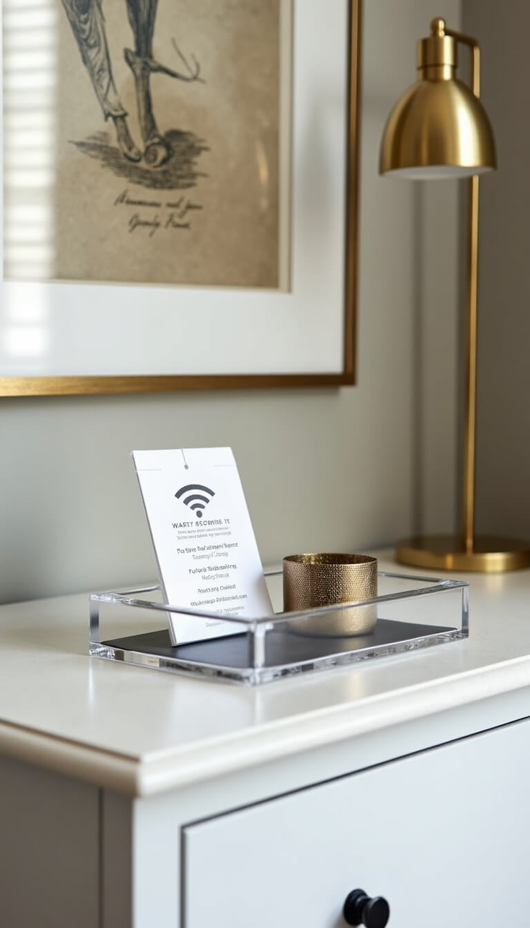 Lucite tray on dresser with charging station, Wi-Fi password card, local guides, and emergency contacts, lit by modern brass task lamp.