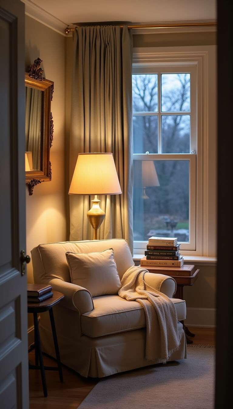 Cozy guest room reading nook at dusk with linen armchair, brass lamp, books, and cream throw in bay window, warm light reflecting in antiqued mirror.