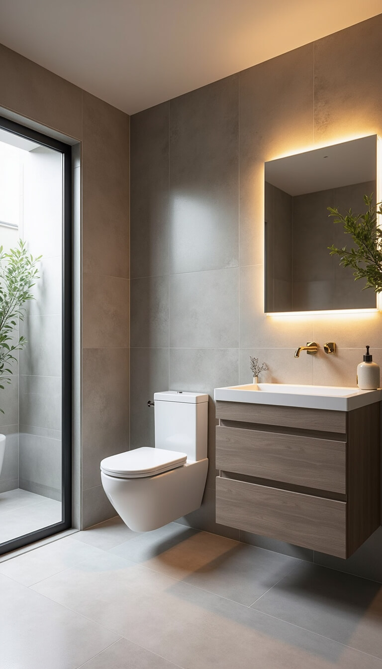 Modern spa-style bathroom with greige tiles, floating vanity, wall-mounted toilet, backlit mirror, and eucalyptus accent, viewed from corner with soft daylight.