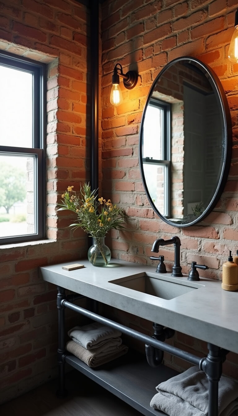 Industrial chic 6x6 bathroom with exposed brick wall, metal pipe shelves, concrete vanity, matte black faucet, vintage factory mirror, and warm lighting from Edison bulb sconces.