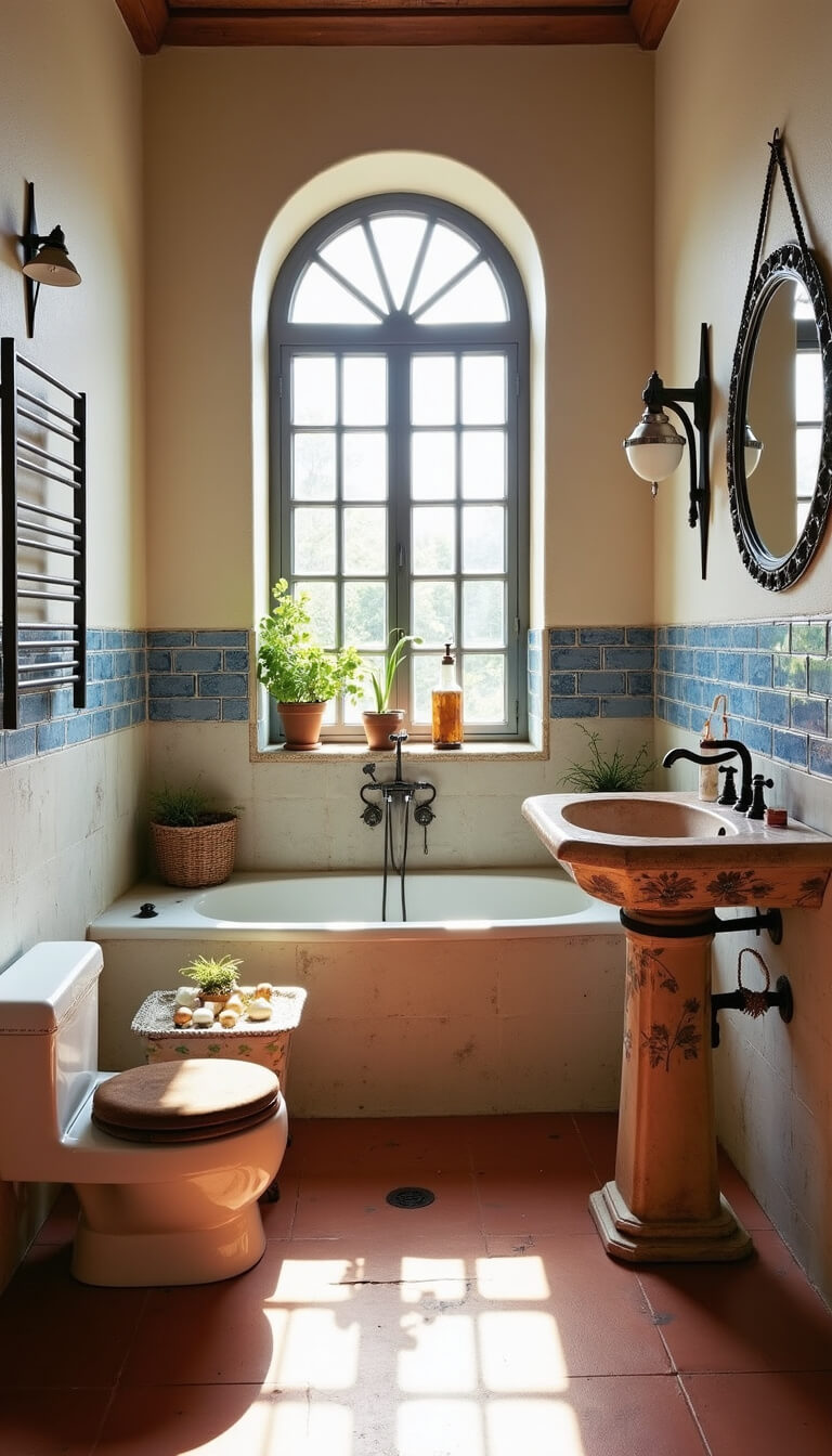 Mediterranean-inspired 5x7 bathroom with terracotta floor, hand-painted sink, whitewashed walls, blue tile accents, arched window, and wrought iron details.