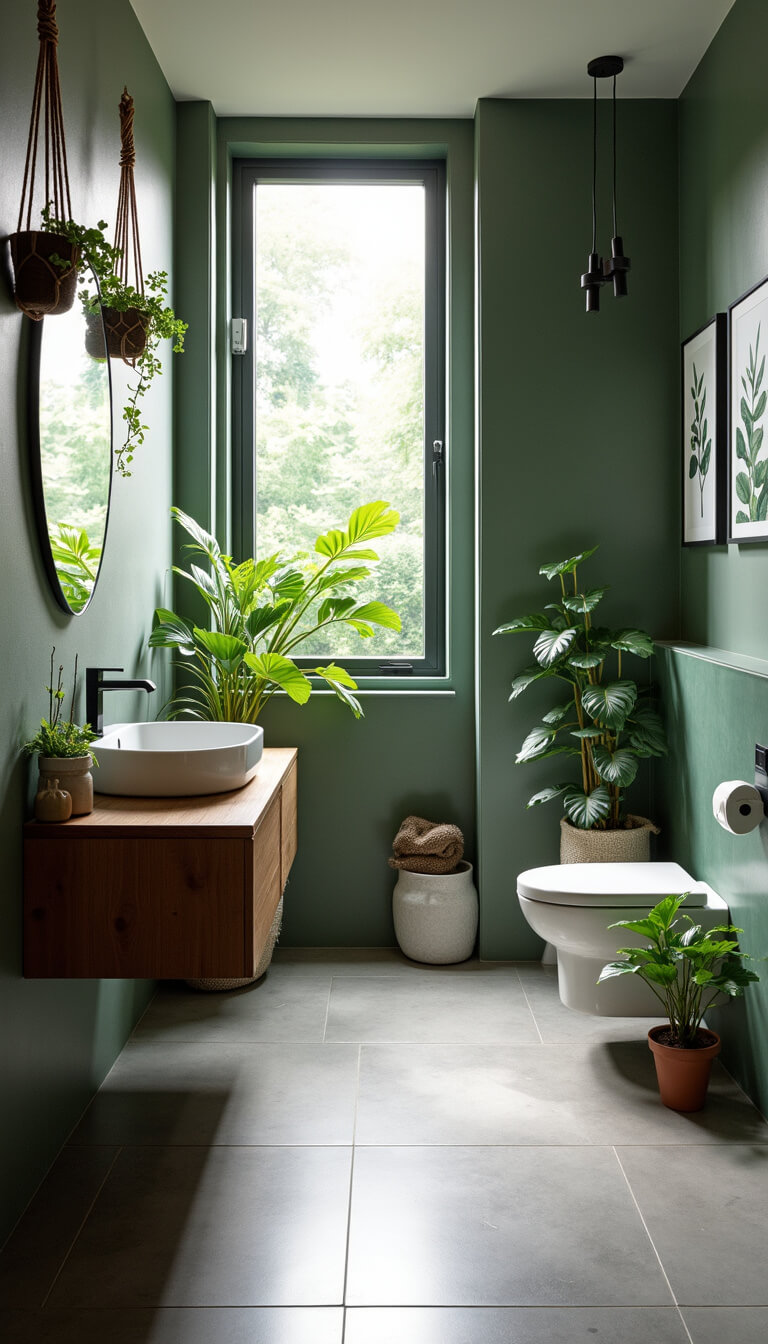 Urban jungle bathroom with teak floating vanity, hanging macramé plants, green accent wall, and filtered morning light through privacy glass.