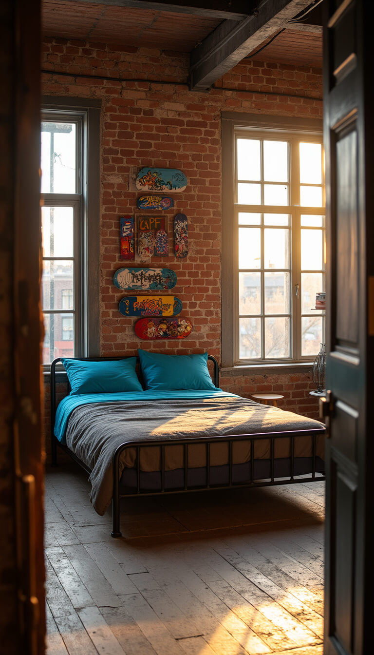 Loft bedroom with exposed brick walls, graffiti art, and skateboard deck decor, bathed in golden hour light from large industrial windows.