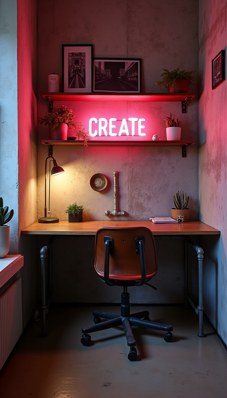 Industrial-style corner home office with metal shelving, vintage desk, leather chair, pink neon 'CREATE' sign, and street photography gallery wall, viewed from low angle.