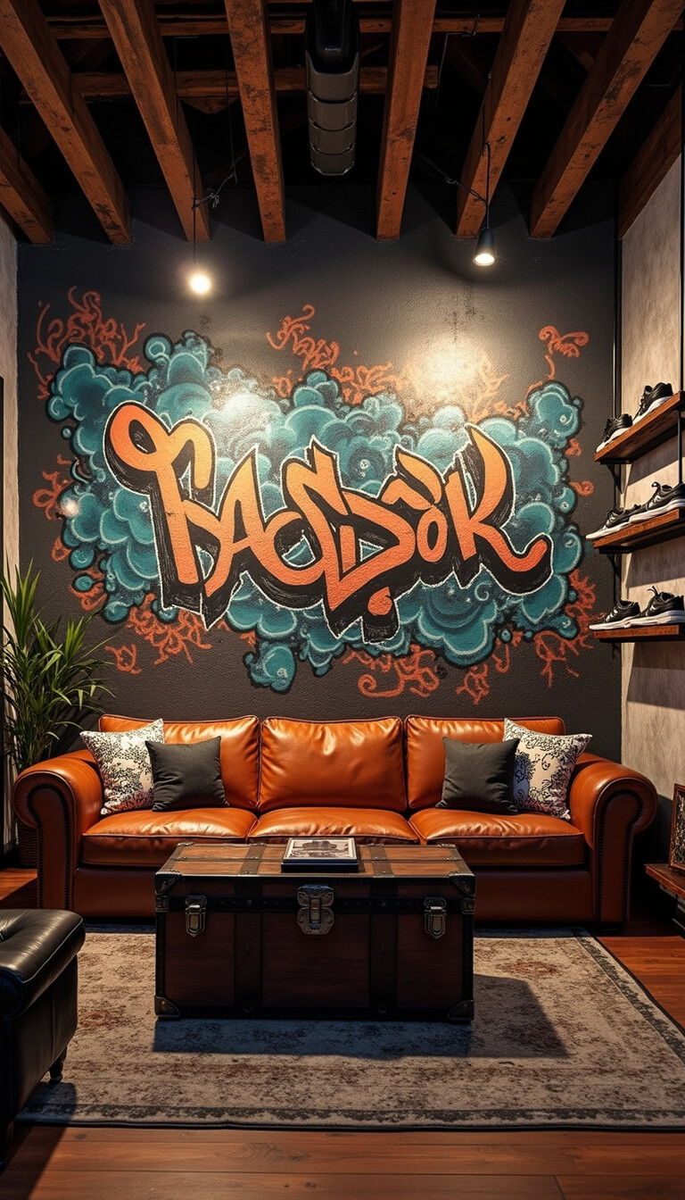 Wide-angle view of edgy living room with exposed beams, large street art mural, leather sectional with graffiti pillows, vintage trunk table, floating metal shelves displaying sneakers, and dramatic uplighting.