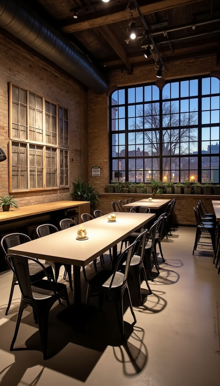 Bird's eye view of moody urban dining space with concrete table, mismatched metal chairs, repurposed warehouse window divider, suspended street sign wall art, and industrial lighting in a 12x14ft converted warehouse setting at dusk.