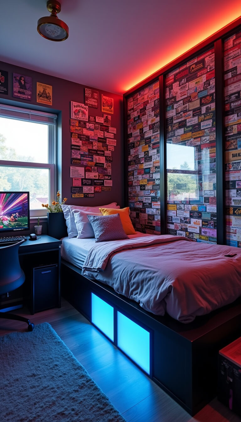Teen bedroom with concert ticket wall behind acrylic, platform bed with neon underglow, custom spray-painted storage, and LED-lit gaming setup in afternoon light.