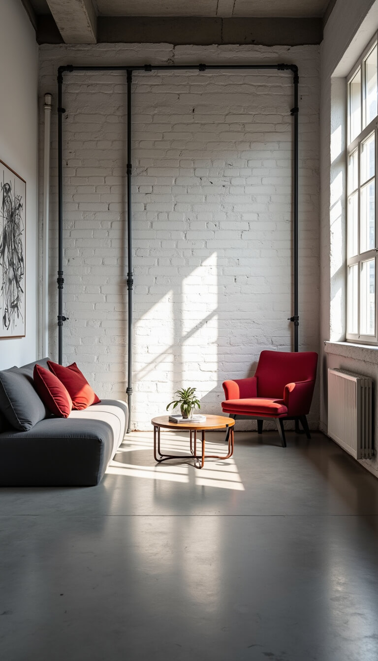 Minimalist studio apartment with polished concrete floors, white brick walls, industrial pipe divider, grayscale modular furniture with red accents, and dramatic morning light casting stark shadows.