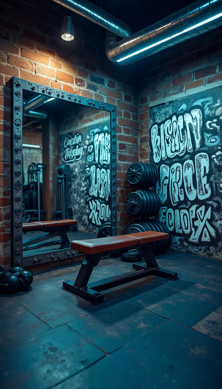Wide-angle view of home gym with mirror wall featuring motivational graffiti, blue LED lighting, vintage sports memorabilia, industrial flooring, and exposed ductwork ceiling.