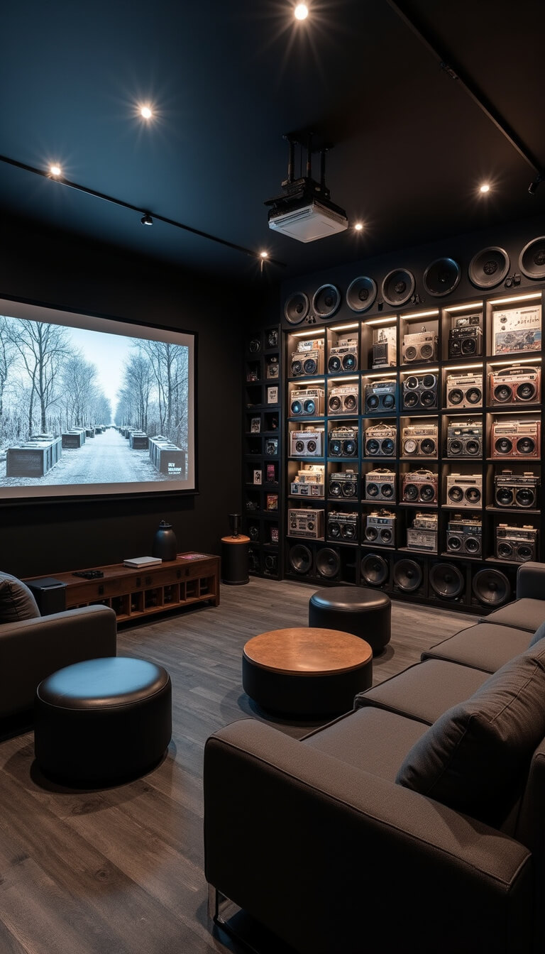 Media room with blackout lighting, custom street art–framed projector wall, charcoal modular seating, LED-lit vinyl display, vintage boomboxes on industrial shelves, and underground screening room ambiance.
