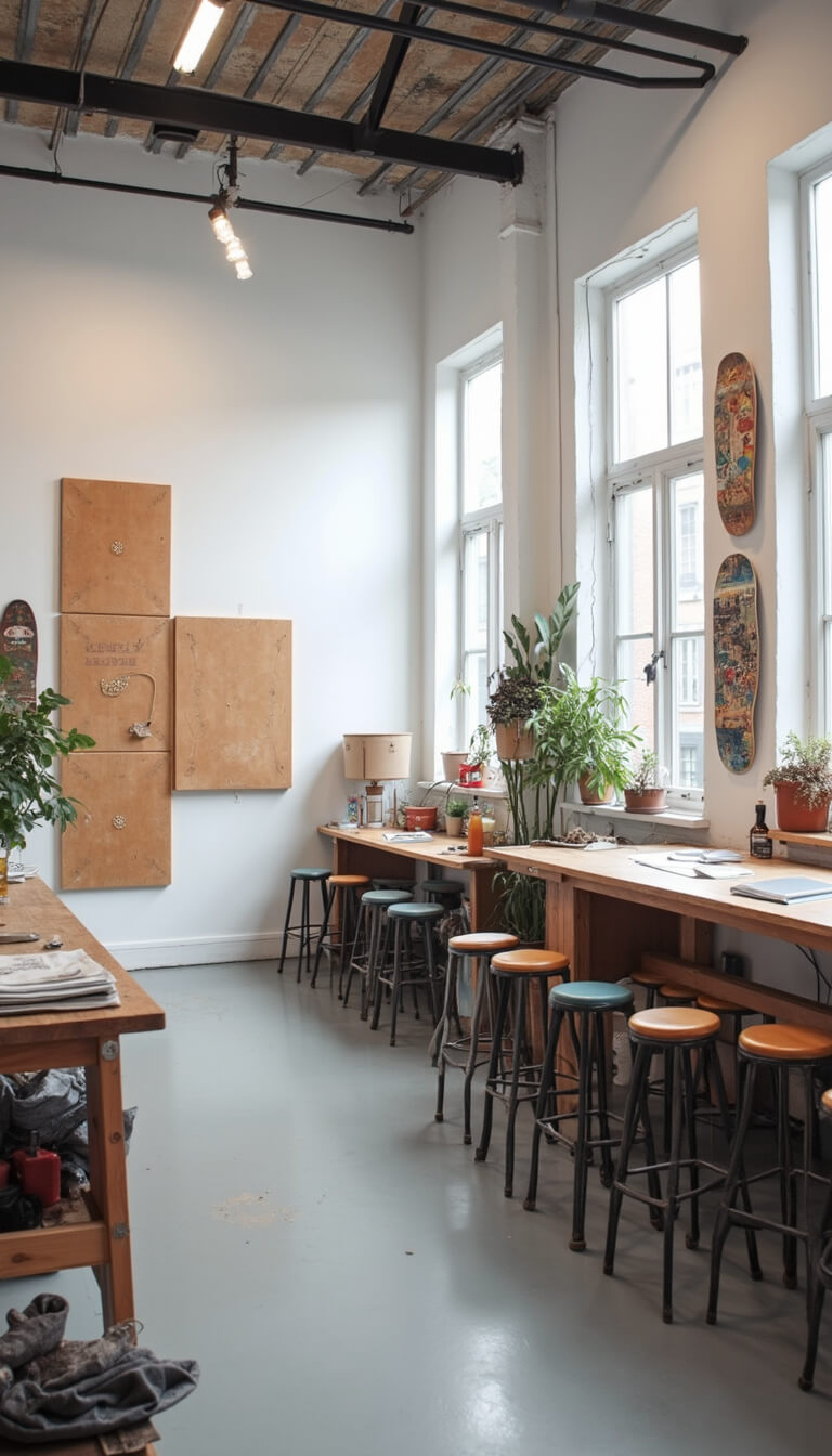 Creative studio with white walls, geometric tape art, metal stools at standing work tables, skateboard deck gallery, large urban mood board, and natural and studio lighting from elevated corner view.