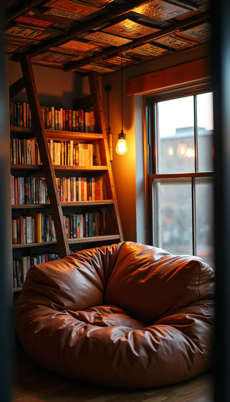Cozy urban reading nook with oversized leather bean bag, fire escape ladder bookshelf, vintage street signs on ceiling, and warm sunset lighting.