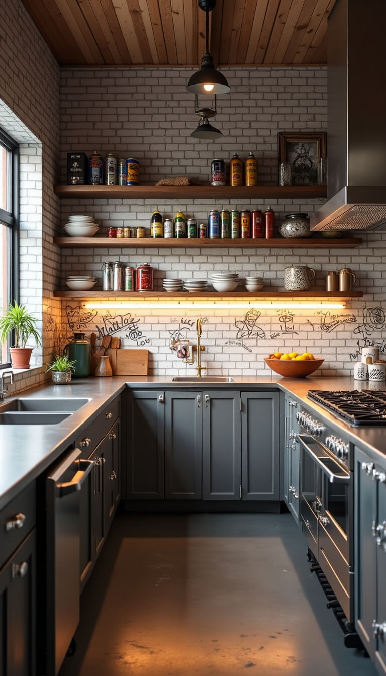 Industrial-style 12x15ft kitchen with stainless steel island, open shelves displaying spray paint cans, subway tile backsplash with graffiti, and warm morning lighting.