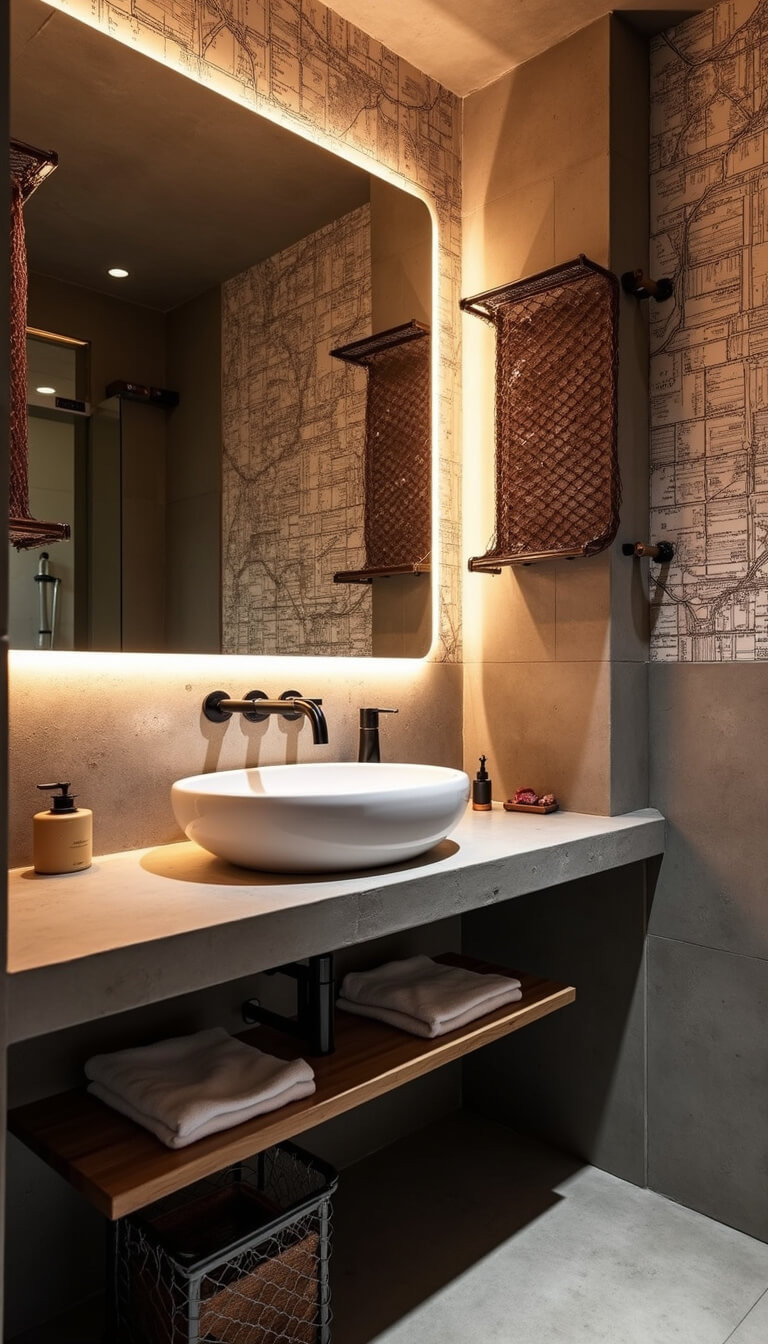 Industrial-style bathroom with concrete vanity, exposed copper piping, neon art mirror, metal mesh storage, street map wallpaper feature wall, and edge-lit mirror reflecting spa-like ambiance.