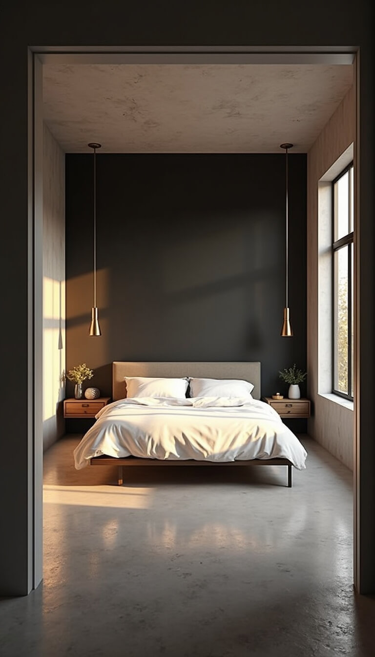 Modern 14x16ft bedroom with floor-to-ceiling windows, golden afternoon light, matte black accent wall, white platform bed, concrete floors, and brass pendant lights.