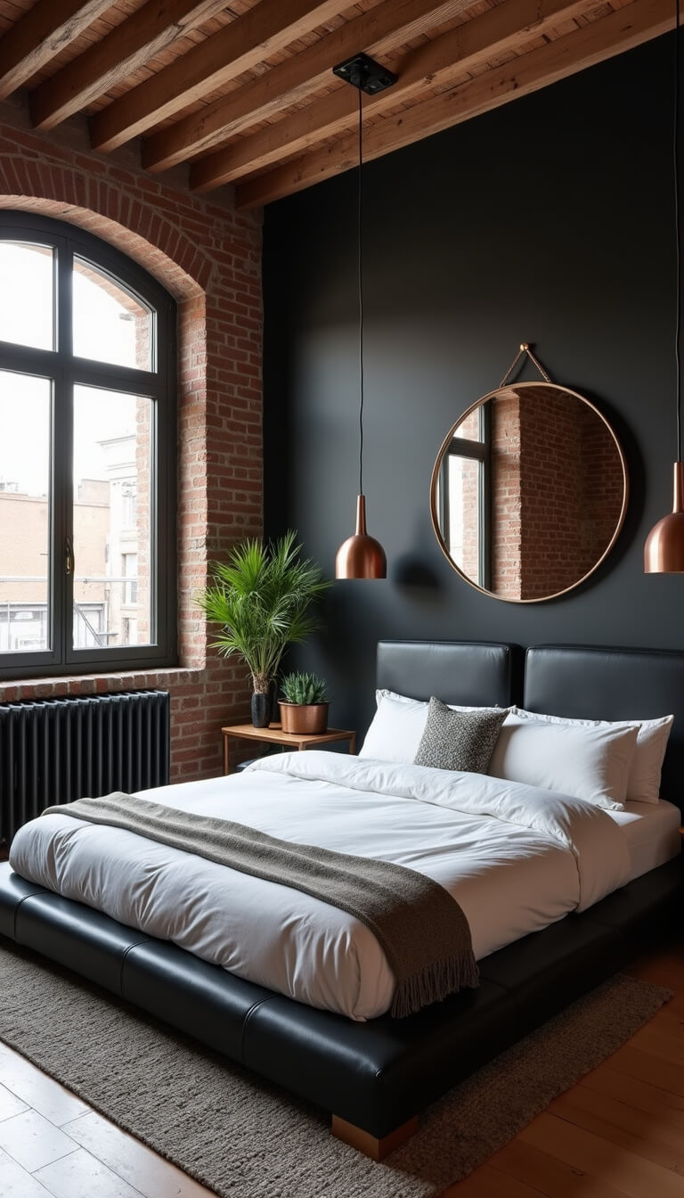 Loft-style bedroom with black brick wall, wood beam ceiling, platform bed, and copper pendant lights at sunrise.