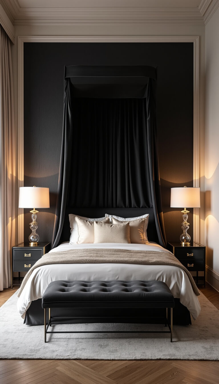 Boutique-style 15x18ft bedroom at dusk with black grasscloth walls, ivory curtains, black canopy bed with champagne silk bedding, and lucite side tables with brass accents, viewed from a low angle.