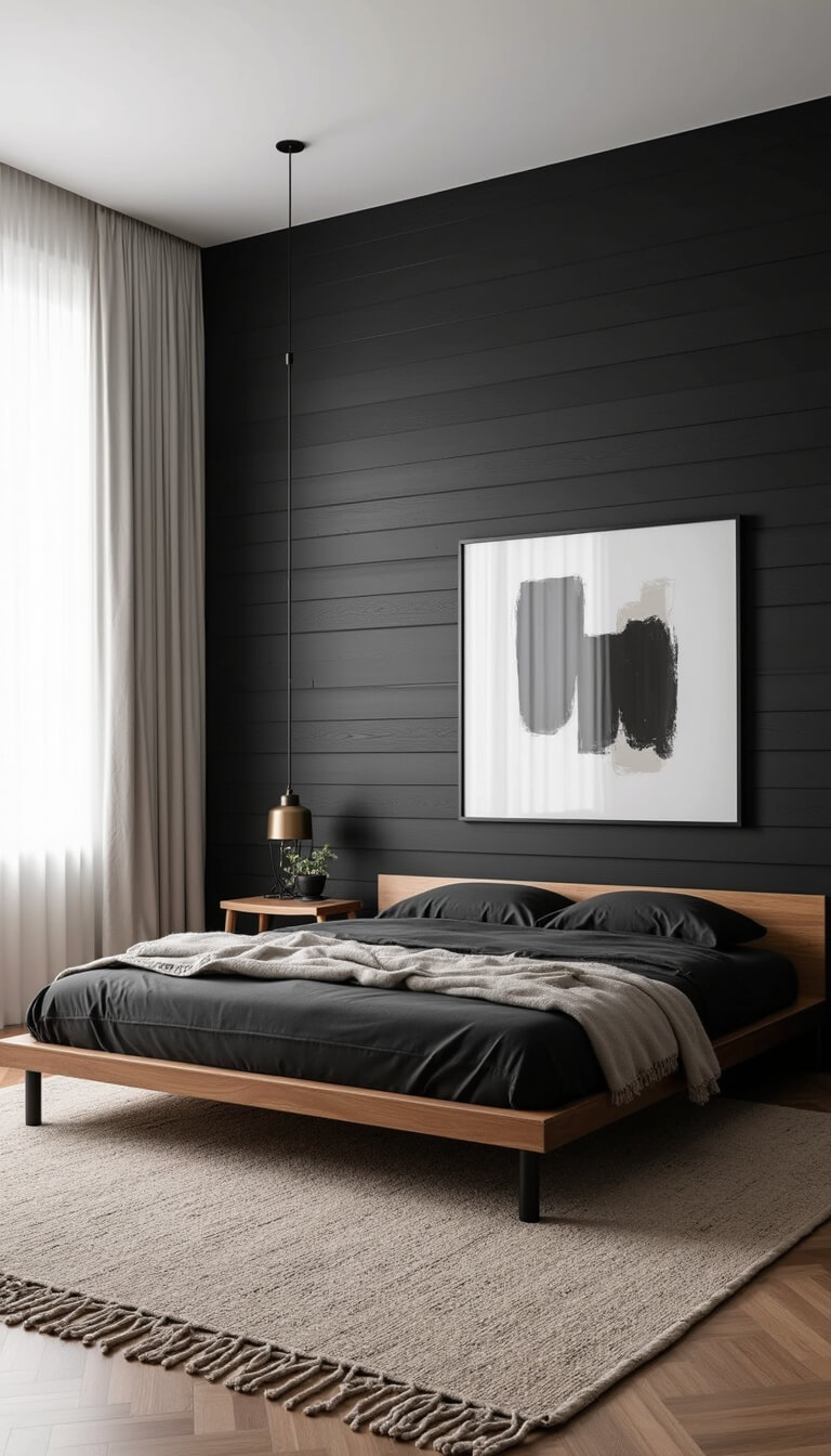 Minimalist 13x14ft bedroom with black shiplap accent wall, low Japanese-style platform bed in charcoal linen, geometric wool rug, and abstract black-and-white photography in morning light.