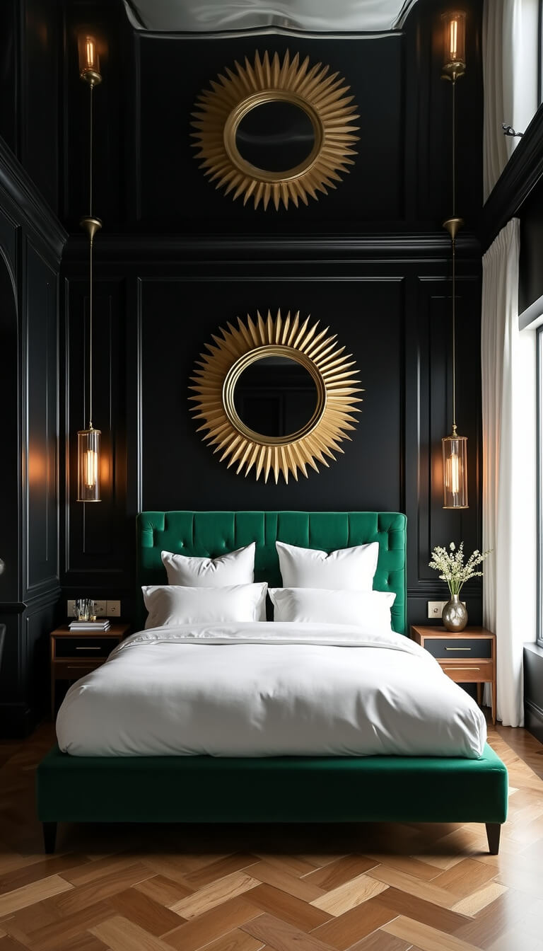 Art Deco 14x16ft bedroom with emerald velvet bed, black glossy ceiling reflecting midday light, and brass sunburst mirror.