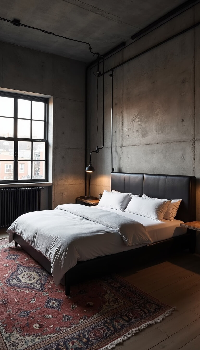 Industrial chic bedroom with black steel windows, exposed concrete walls, king bed with black leather headboard, white linen, Persian rug, and moody twilight lighting.