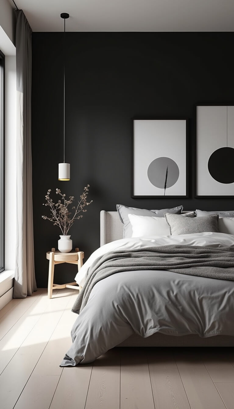 Scandinavian modern 12x14ft bedroom with matte black accent wall, white oak floors, platform bed with stone-washed linen, and black and white photo gallery in soft morning light.