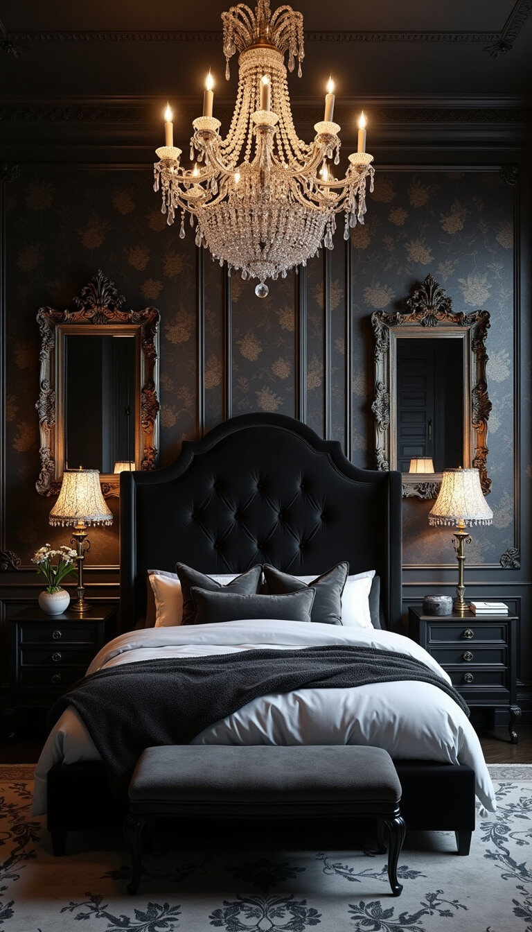 Modern gothic bedroom at night with black floral wallpaper, tufted velvet headboard, crystal chandelier, antique mirrors, and dramatic lighting.