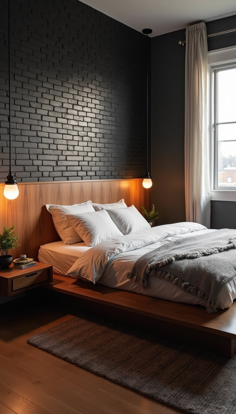 Mid-century modern 13x16ft bedroom at sunset with black brick and walnut paneled walls, platform bed with black oak nightstands, iconic lighting, and vintage accents.