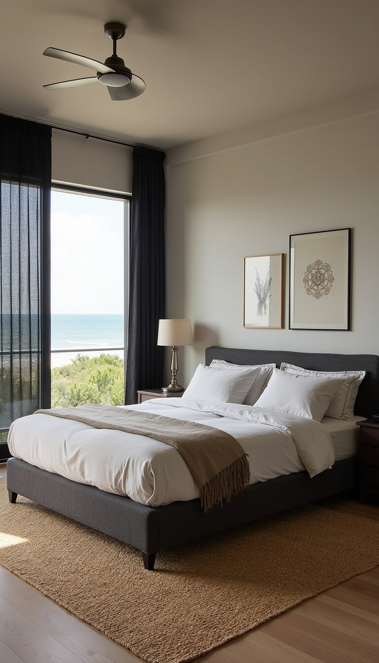 Contemporary coastal bedroom with charcoal upholstered bed, black sheer curtains, rattan and jute accents, and diffused daylight highlighting ocean view.
