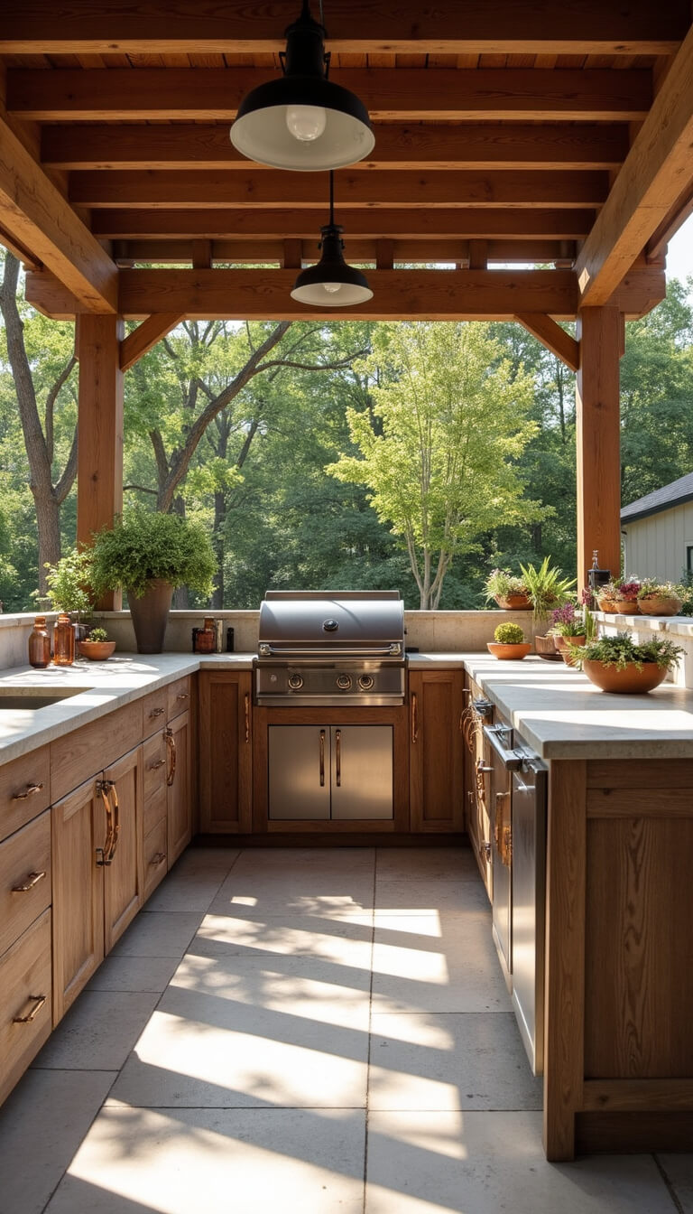 Low-angle view of rustic farmhouse outdoor kitchen with weathered wood cabinets, limestone countertops, large charcoal grill, and pergola casting geometric shadows.