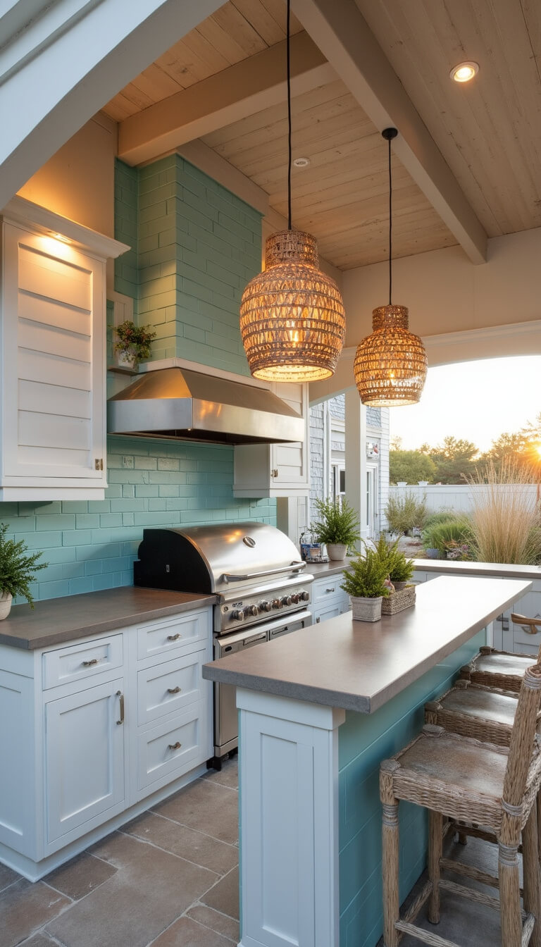 Coastal chic outdoor kitchen at sunset with white-washed cedar cabinets, seafoam accents, rattan lighting, and polished concrete counters around a pellet smoker.