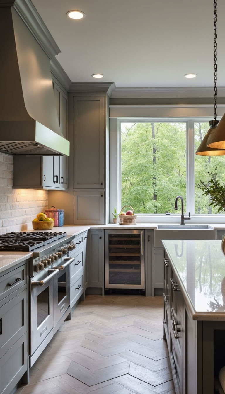 Outdoor kitchen with quartzite countertops, gray cabinets with brass hardware, stainless steel appliances, stone veneer wall with wine fridge, and herringbone tile flooring in afternoon light.
