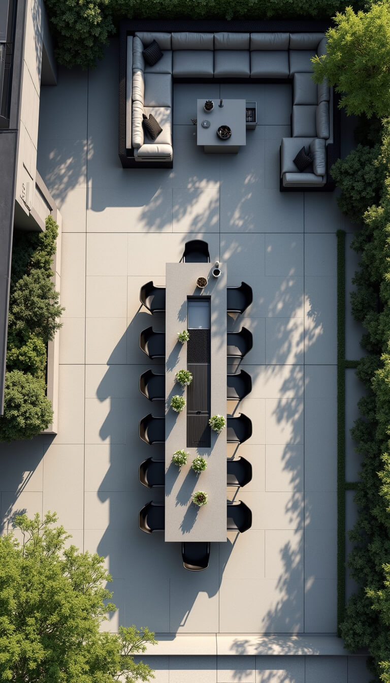 Drone view of modern 30x40ft outdoor kitchen with central island, modular seating, and overhead shade casting patterns in gray concrete and steel design.