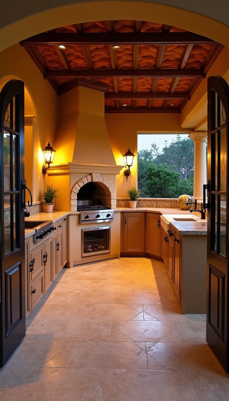 Mediterranean-style outdoor kitchen at magic hour with terracotta tile roof, wood-fired pizza oven, ceramic tile backsplash, and wrought iron fixtures.