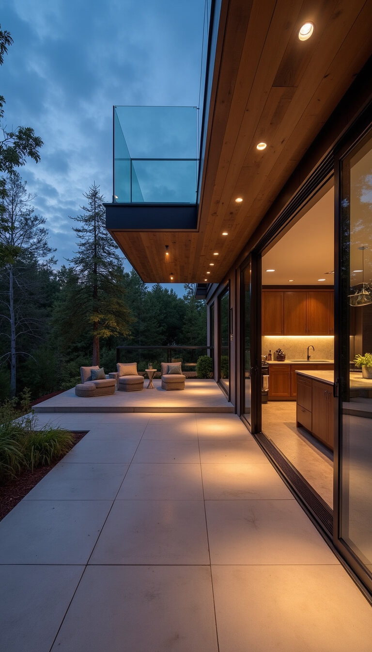 Panoramic view of a modern indoor-outdoor kitchen at twilight with open sliding glass walls, unified materials, integrated lighting, and contemporary furnishings in a neutral palette.