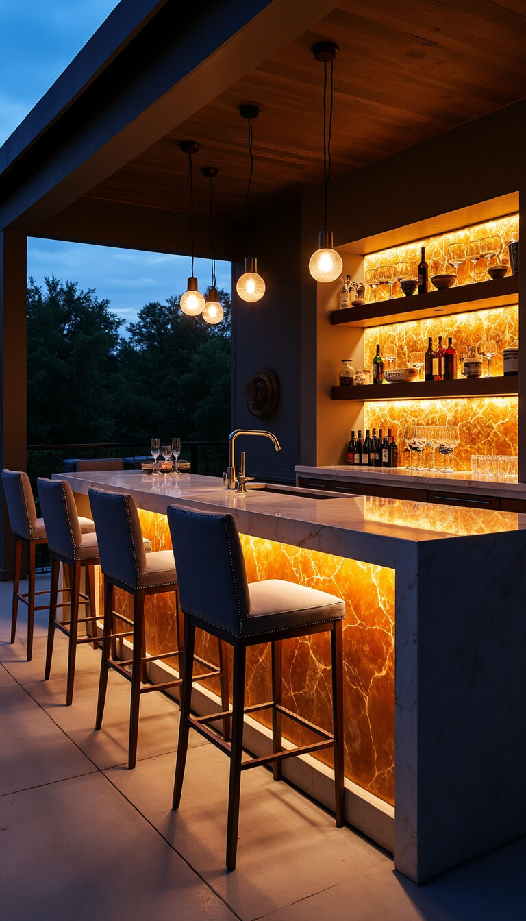 Outdoor kitchen entertaining area at night with illuminated onyx bar, pendant lighting, floating shelves, and upscale dark-toned finishes.
