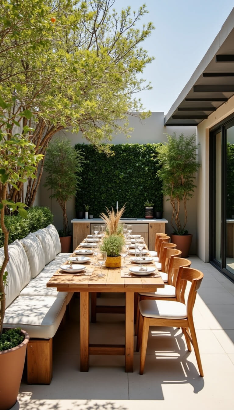 Outdoor kitchen dining area with teak table for 12 under pergola, herb wall, banquette seating, citrus trees, and natural decor in sage and wheat tones during bright brunch hours.