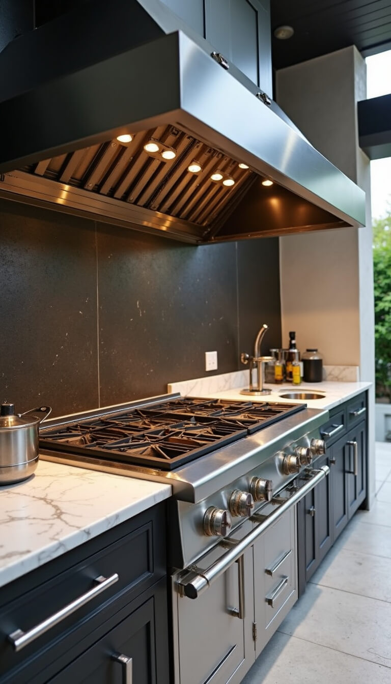 Chef's-eye view of outdoor kitchen cooking zone with flat top grill, marble countertops, integrated cooling wells, custom spice drawer, and task lighting.